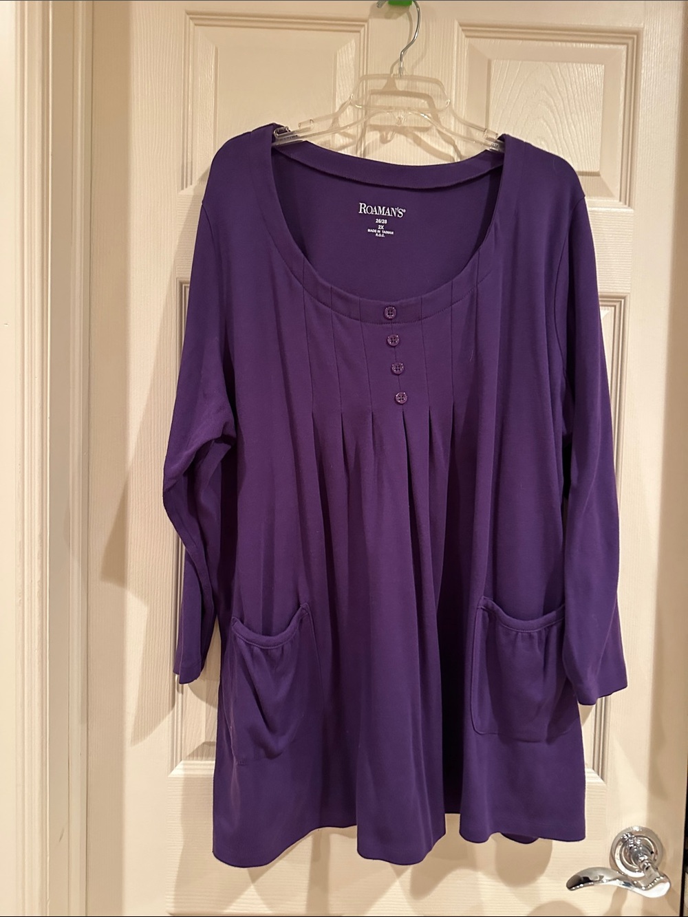 Roaman's Purple Pleated Scoop Neck Long Sleeve Tunic with Pockets